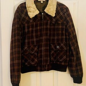 Free People Brown Plaid Jacket with Cream Faux Fur Collar